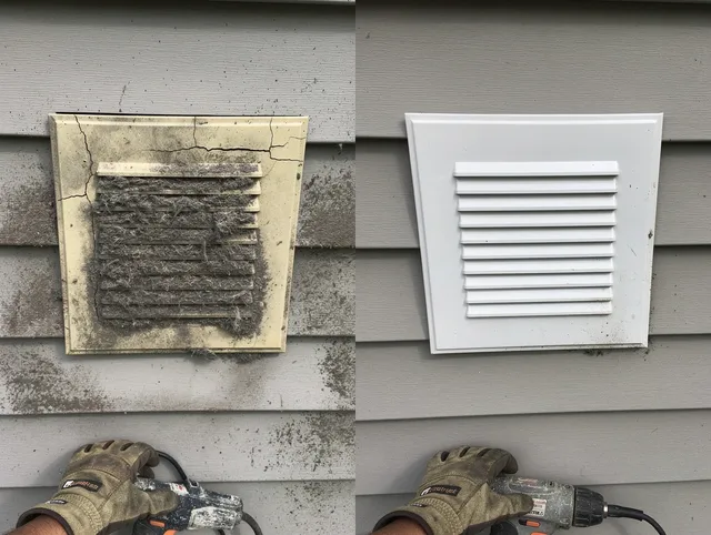 Colchester Dryer Vent Cleaning technician installing high-quality dryer vent cover at a residential property in Colchester