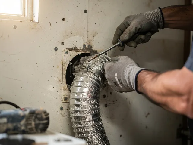 Colchester Dryer Vent Cleaning technician performing precise dryer vent hose installation in Colchester